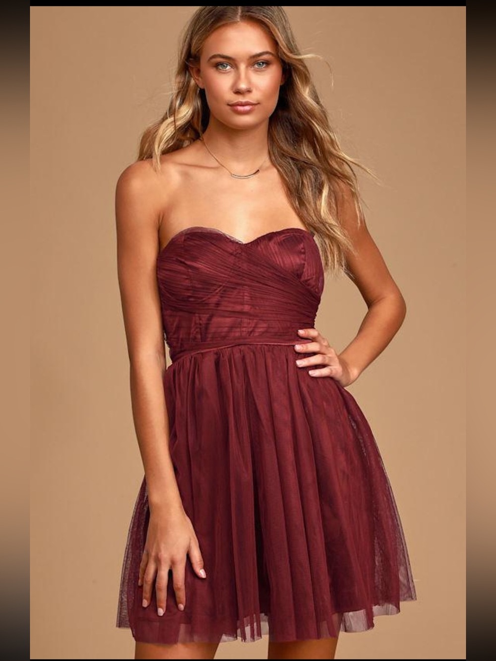 Lulu's Strapless Sweetheart Tulle Mini Dress in Wine - Size Small